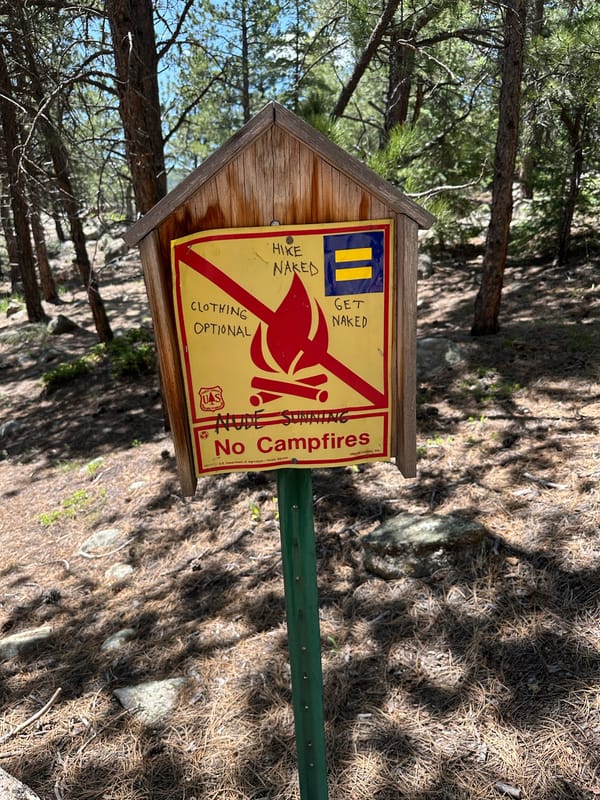 A "no campfires" sign marked with an HRC sticker and "Hike Naked," " Clothing Optional," "Get Naked," and "Nude Sunning" drawn onto it.